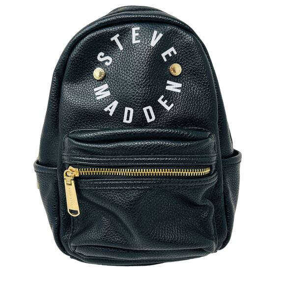 Steve Madden Vegan Pebble Leather Mini Backpack Black Gold - Picture 1 of 10